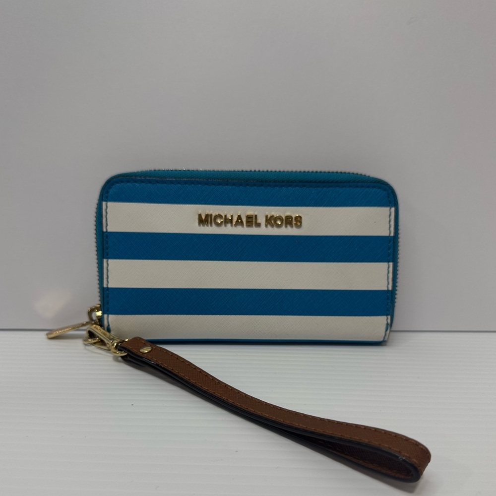 Michael Kors Blue and White Striped Wristlet